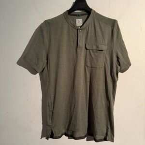 Kitsbow Men's Medium Henley Olive Green Short Sleeve Chest Pocket Stand Collar
